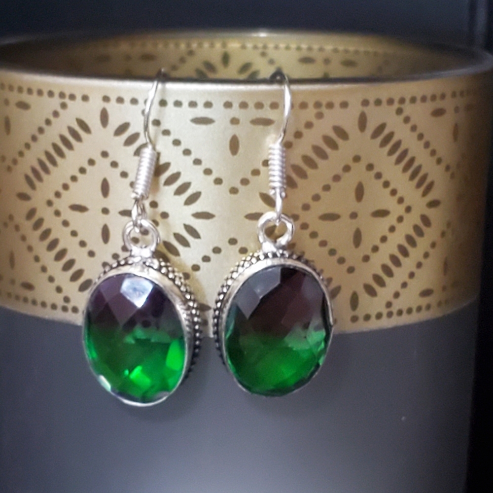 925 Sterling Bi-Color Purple Green Fluorite Earrings NWOT Artisan - Picture 4 of 14